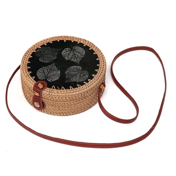 

NEW-Handmade Woven Round Rattan Bag Natural Green Chic Leathe Strap Handmade