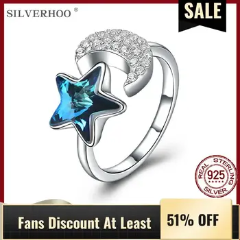 

SILVERHOO 925 Sterling Silver Opening Adjustable Rings For Women Shining Moon With Blue Star Ring Fine Jewelry Anniversary Gift