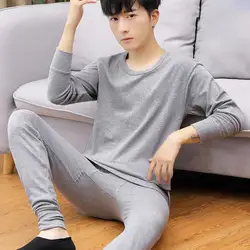 1 Set Men Top Pants Solid Color Plush Lining Autumn Winter High Density Thermal Underwear Set for Sleeping