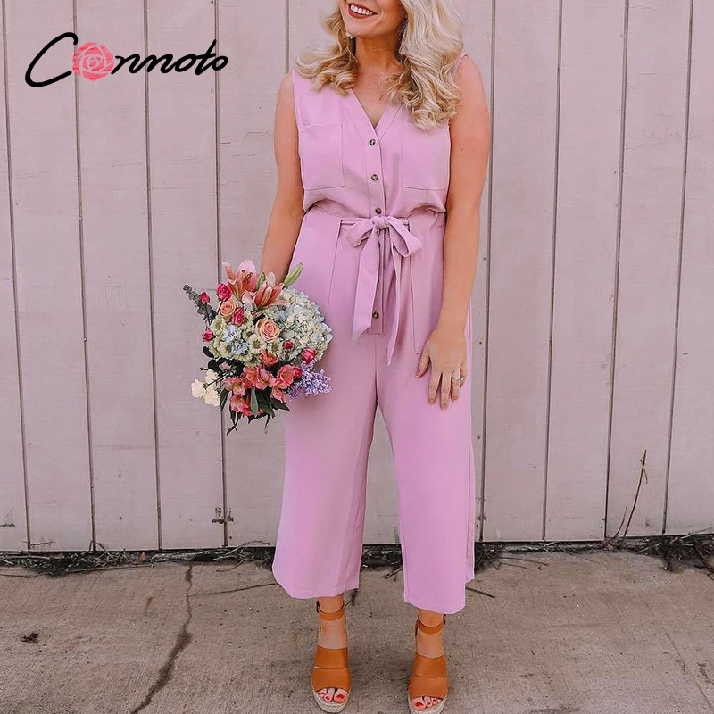 Conmoto sleevless summer 2020 solid pink jumpsuits rompers women pockets beach jumpsuits button sash casual plus size jumpsuit Conmoto sleevless summer 2020 solid pink jumpsuits rompers women pockets beach jumpsuits button sash casual plus size jumpsuit
