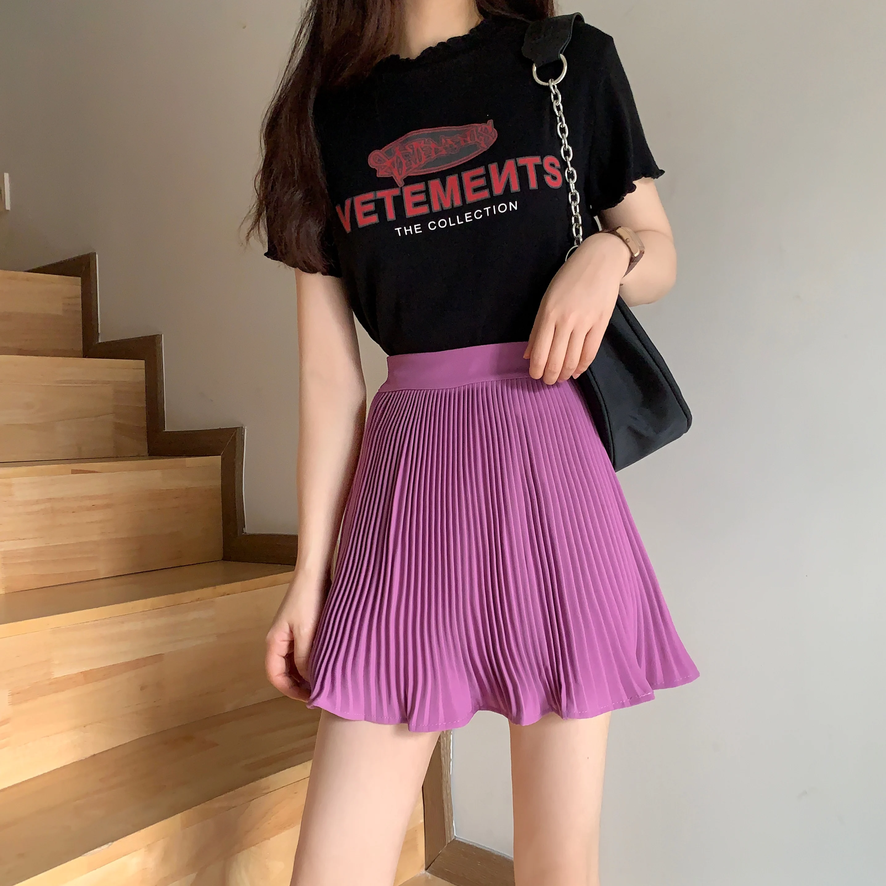 Chiffon Pleated Mini Skirts Women Summer Style High Waist Short Skirt Korean Elegant Lady Girls Black White Purple Lolita Skirt black white real leather cube nail studs studded bag strap for designer lady handbag women shoulder purse carry belt adjustable