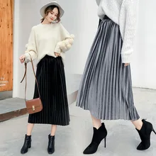 Золотая Бархатная Женская юбка осень зима миди длинная Корейская элегантная плиссированная юбка с высокой талией Женская офисная юбка 110 кг