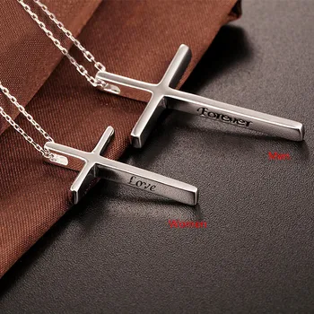 

Buyee 100% 925 Sterling Silver Couples Necklaces Women Stamp Engraved Love and Forever Simple Cross Pendant Necklace for Women