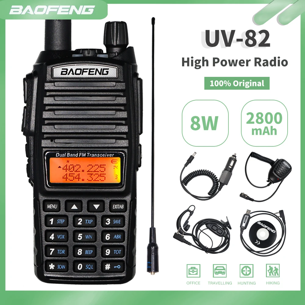 Настоящее 8 Вт Baofeng UV-82 двухстороннее радио 8 Вт Высокая мощность Walkie Talkie 10 км 2800 мАч двухдиапазонный охотничий FM приемопередатчик UV82hp UV 82