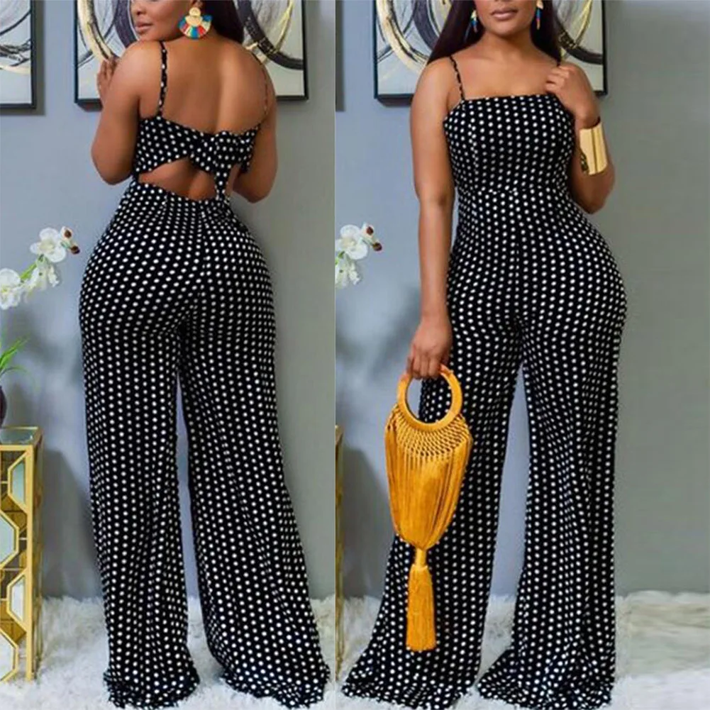 

Fadzeco Women Off Shoulder Jumpsuit Sexy Spaghetti Straps Polka Dot Wide Leg Long Pants Jumpsuits Romper