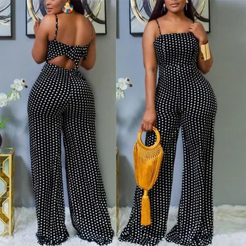

Fadzeco Women Off Shoulder Jumpsuit Sexy Spaghetti Straps Polka Dot Wide Leg Long Pants Jumpsuits Romper