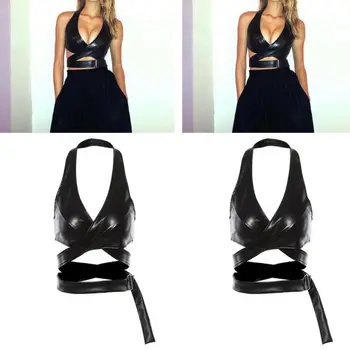 

Fashion Women's Sexy Tank Top PU Leather Ladies Buckle Crop Tops T-Shirt Bustier Laides Bikini Top Swimwear Bathing