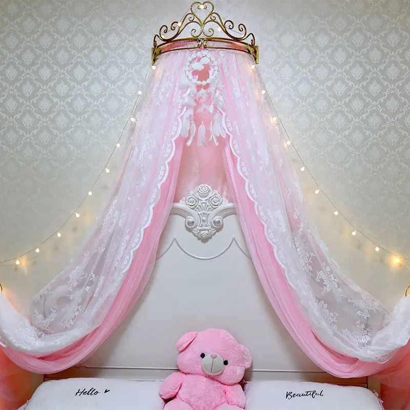 

European Romantic Hotel Bed Valance with Lights Hanging Dome Children Bed Canopy Princess Mosquito Net with the Golden Bracket