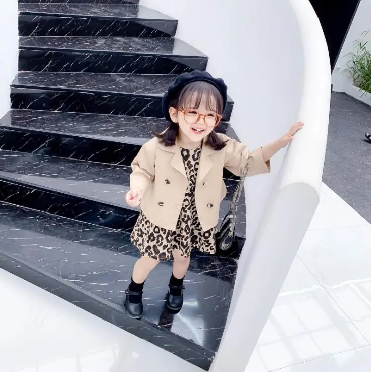 new style girls 2 pcs set leopard dress+coat fashion cotton autumn girls suit 1-6t