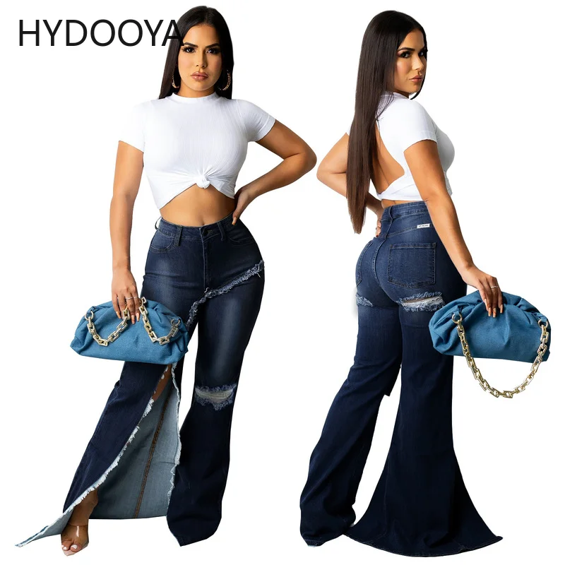 Sense of Design Side High Split Denim Pants for Women High Waist Fur-lined Flare Trousers Retro Female Hole Ripped Jeans 90s 00s