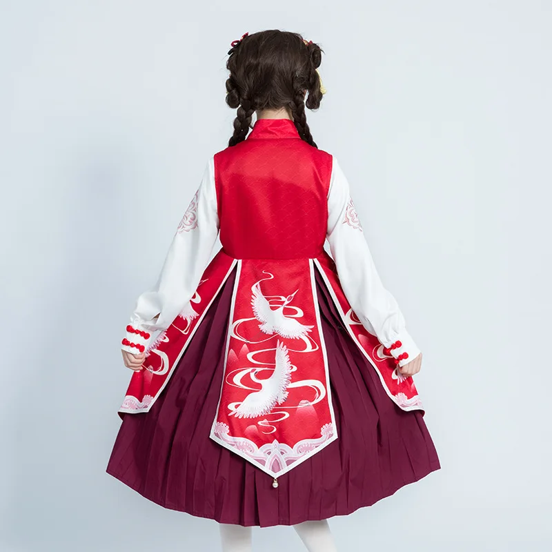 Дизайн журавль китайский ханьфу стиль женское платье Лолита набор: рубашка с длинным рукавом и воротник Мандарин платье без рукавов JSK