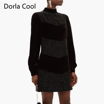 

New 2020 High Street Dresses Women Diamonds Slim Party Dress Stand Collar Long Lantern Sleeve Designer Femme Velvet Chic Vestido