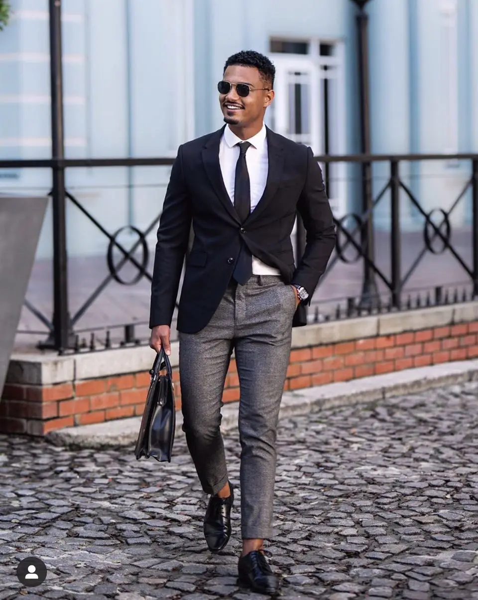 Black Jacket Grey Pant Men Suits Casual 
