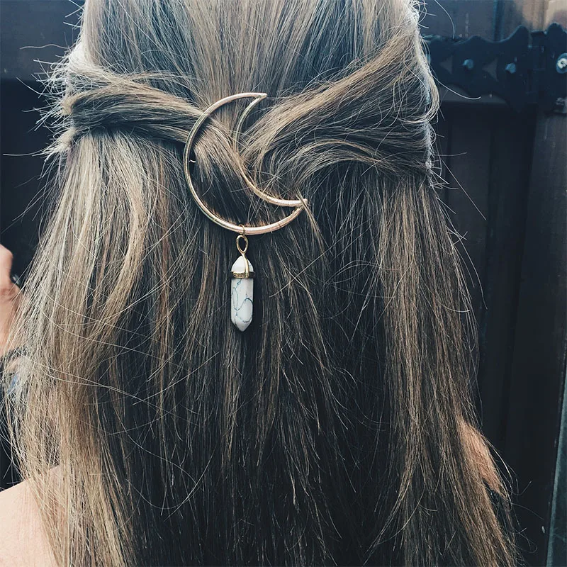 

1PC Moon Clip with Stone Hot Sale Retro Multicolor Women Barrette Hexagonal Column Aolly Hair Clip Hair Accessories