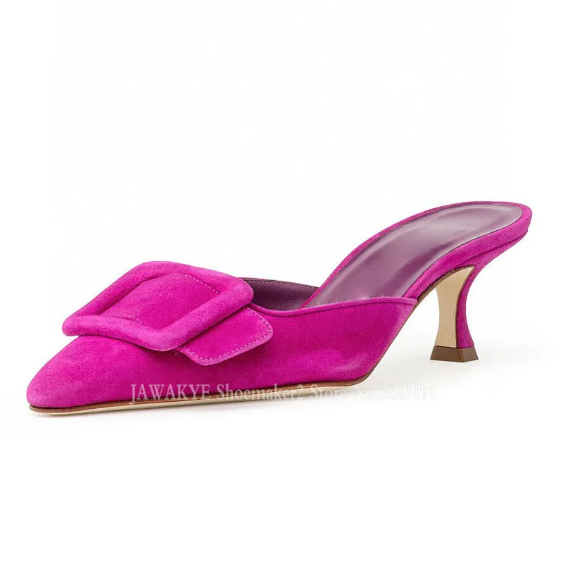 Square Buckle Runway Mules Women Slides Summer Suede Pointy Toe Thin High Heels Ladies Dress Slippers Real Leather Party Shoes