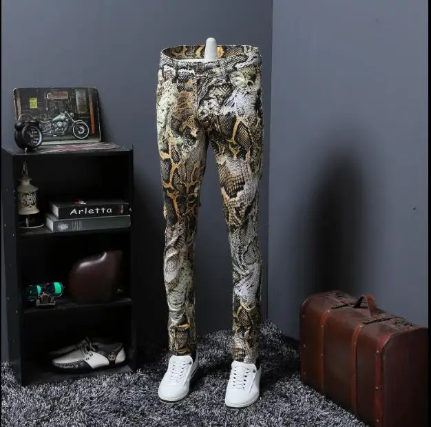 

Python Jeans Nightclub Men Skinny Pencil Pants Spring Trouser Snake Fashion Print
