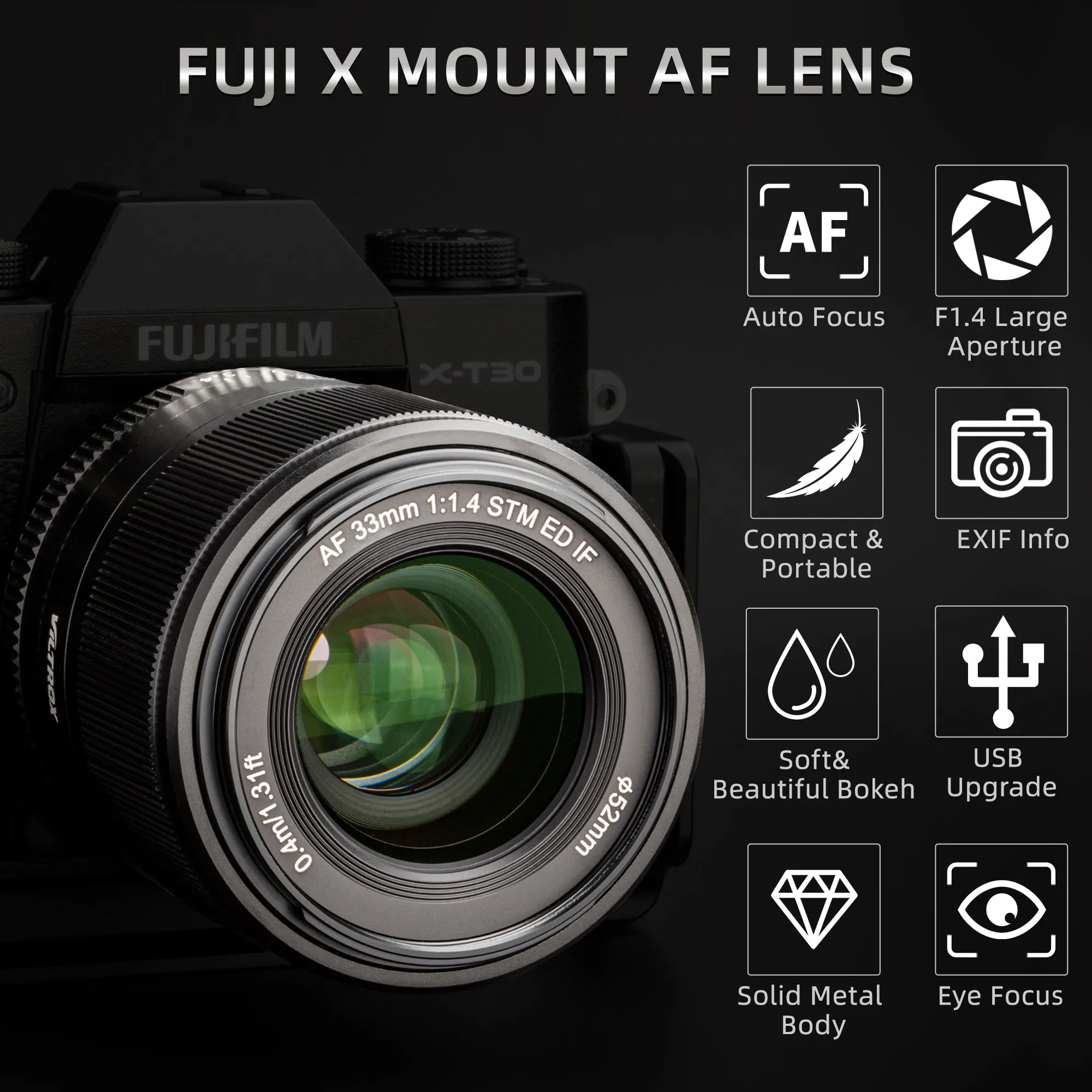 Viltrox F1.4 AF 후지 렌즈, 자동 초점 대형 조리개 APS-C 렌즈, 후지필름 X 마운트 X-T4 X-T20 카메라 렌즈, 13mm, 23mm, 33mm, 56mm