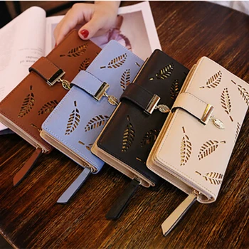 

Hot Female Long Wallet Cash Photo Clutch Leaves Hollow Out Design PU Leather Women Wallet Card Holder Coin Purse Girls Phone Bag