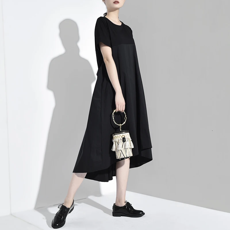 [EAM] Новое весенне-осеннее платье с круглым вырезом и коротким рукавом, Черное длинное плиссированное платье с разрезом, женское модное платье F5580