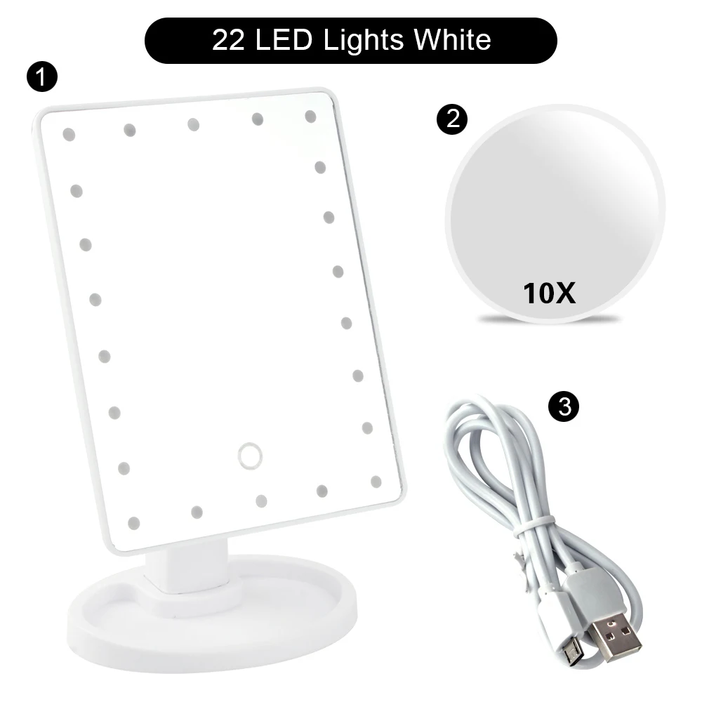 Зеркало для макияжа 22 светодиодный светильник косметическое туалетное зеркало с сенсорным экраном гибкое увеличительное 1X/2X/3X/10X USB или батарея - Цвет: WH 22 Light Set A