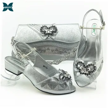 

2020 Newest Italian design Matching Women Shoes and Bag Set Decorated with Rhinestone Nigerian Party Shoes and Bag Set in Silver