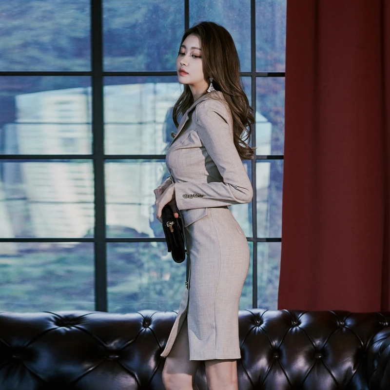 Han edition light ripe wind elegant V collar dress double-breasted split packages