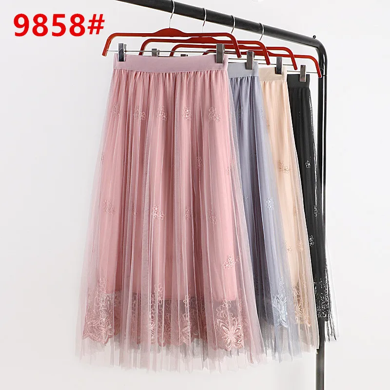

Spring New Style High-waisted Slimming Liangsi Embroidery Double Layer Gauze Skirt A- line Mid-length bai da qun Children