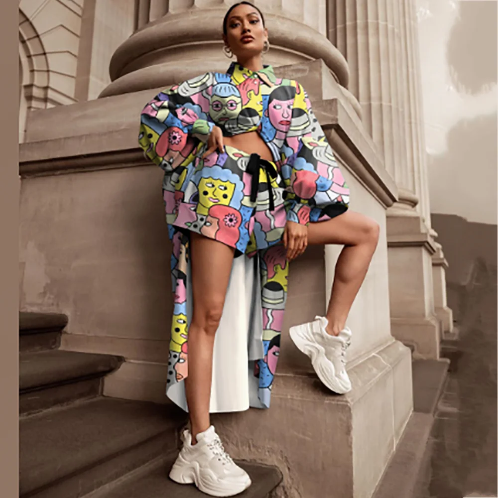 2021 Spring Autumn 2 Pieces Women's Sets Cartoon Print Blouse Long Shirt Women Tops And Shorts Set Two Piece Tracksuit |
