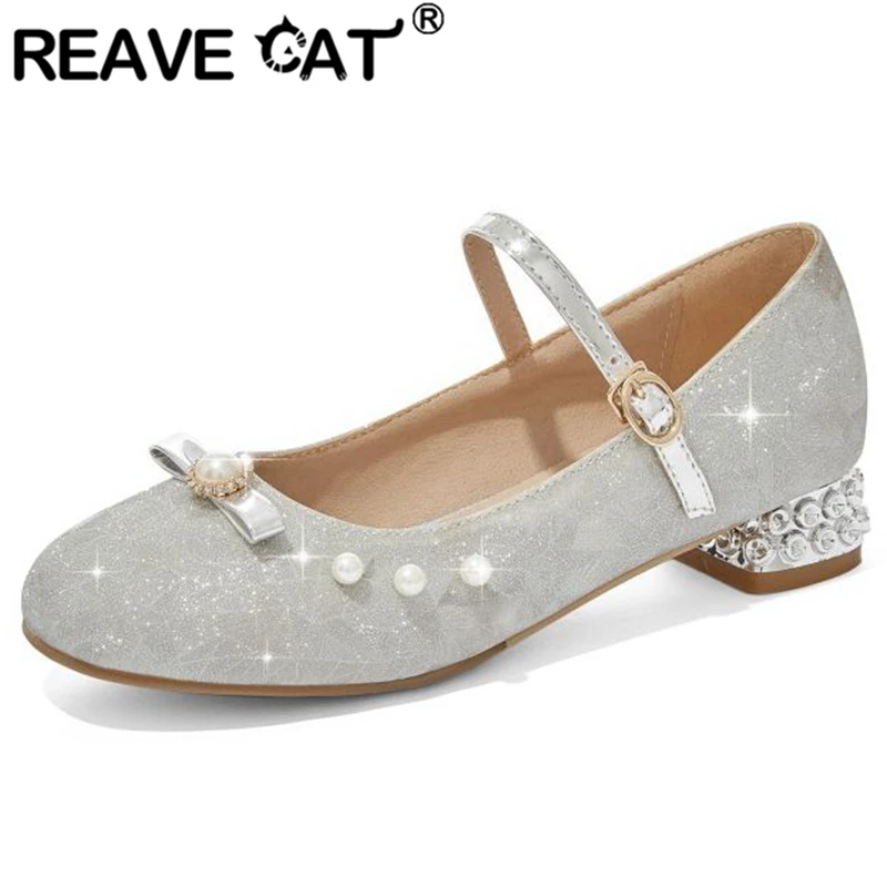 

REAVE CAT New Styles Sweet Girls Shoes Pumps Round Toe Low Heels Buckle Strap Beading Size 27-40 Pink Silver Spring Party S2834