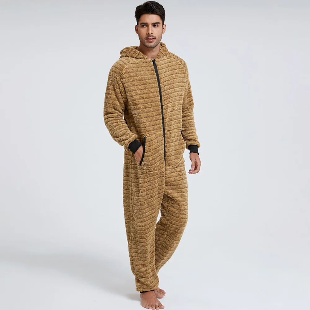 Camouflage Print Men Hoodie Jumpsuit Pure Autumn Winter Solid Casual Rompers Sleepwear Zipper Long Sleeve Flannel Pyjama Onesies