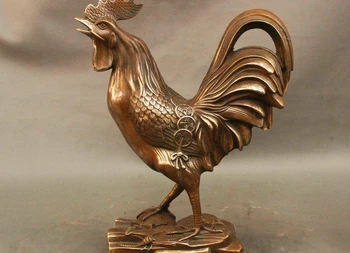 

13" Old China FengShui Bronze Wealth Coin Money Cock Rooster Stand Animal Statue