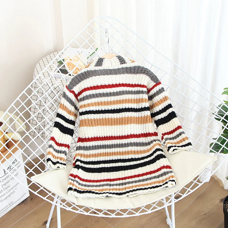

2019 Spring And Autumn Korean-style GIRL'S Coat Chunky Yarn Lengthen Multi-color Stripe Cardigan Sweater