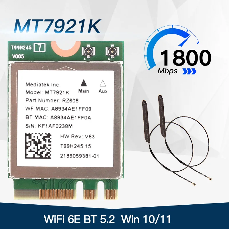 1800Mbps WiFi 6E MT7921K M.2 NGFF Network Card Wireless Adapter Bluetooth 5.2 Dual Band MU-MIMO 802.11ax Wifi6 e Windows 10 11 | Компьютеры