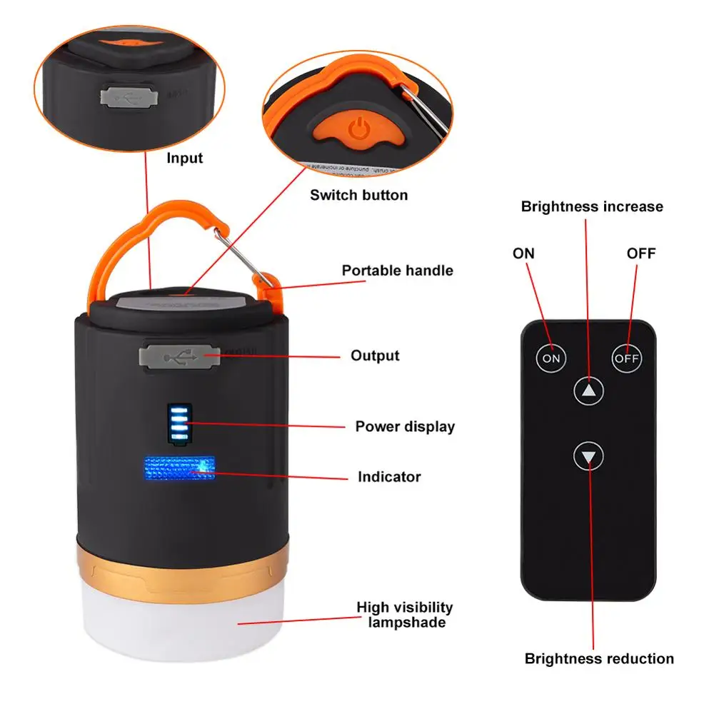 Camping Light Waterproof IPX6 Tent Lamp Portable Lantern LED Night Light Remote Control Working Built-in Recharge Battery