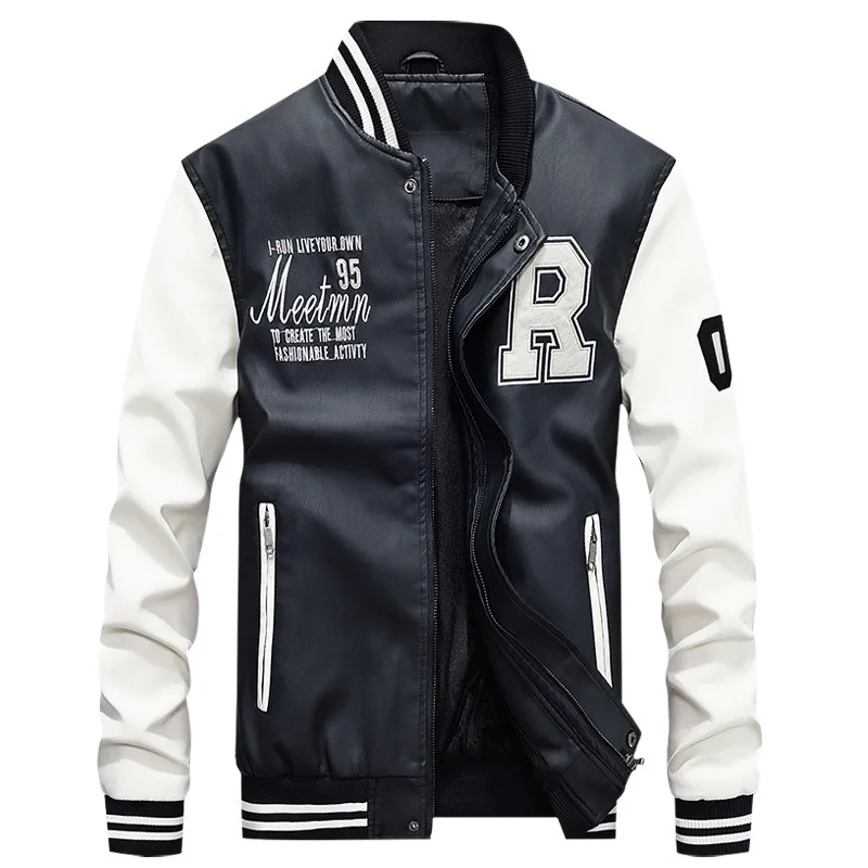 

Leather Jacket Men Casual Jacket PU Jacket Baseball Stand Collar Spring And Autumn New Style Fashion Man Leather Coat