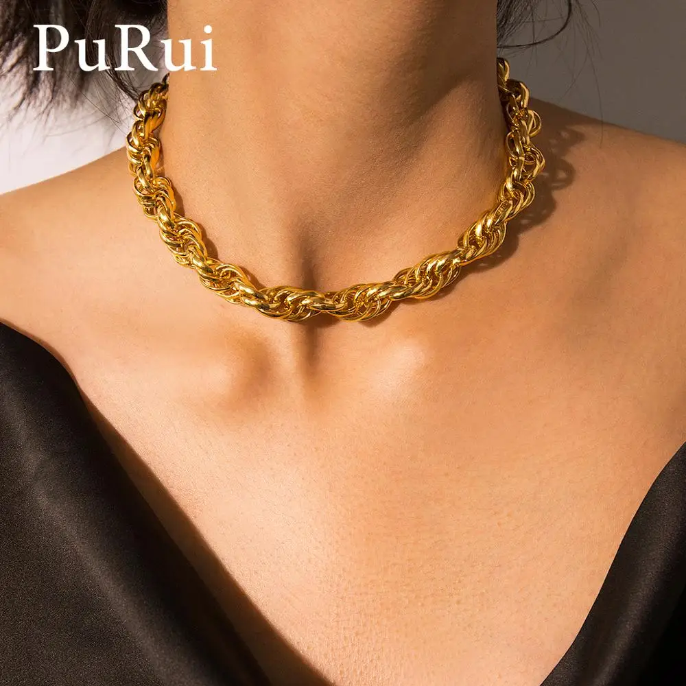 PuRui Punk Golden Twisted Chain Necklace Short Statement Personalized Choker Collar Fashion Necklace for Women Hip Hop Jewelry