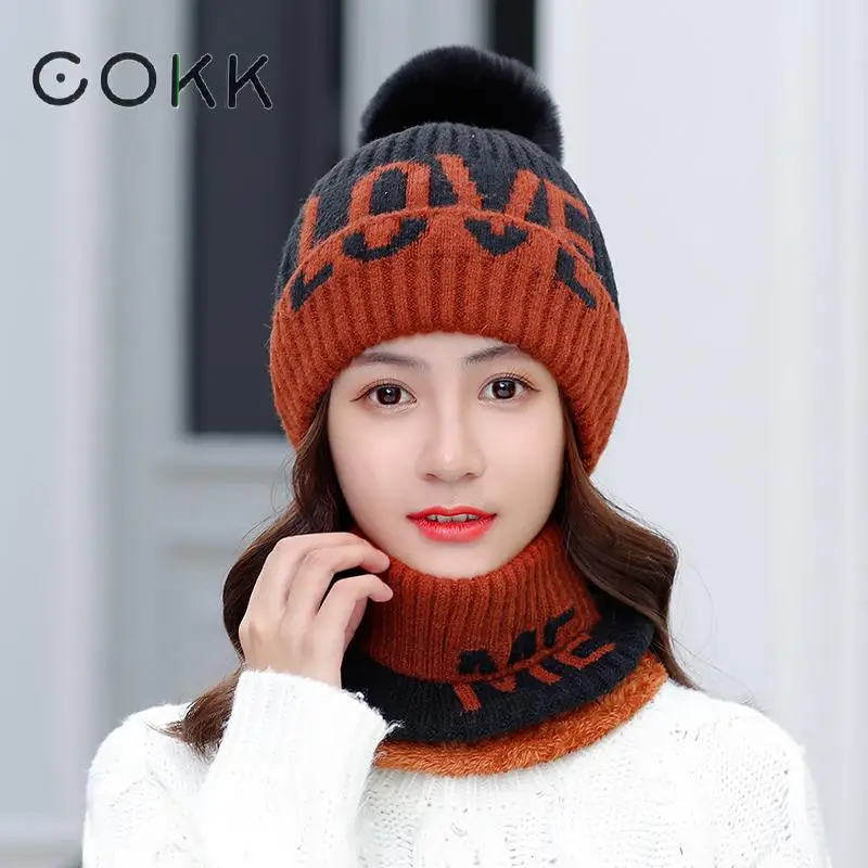 

COKK Knitted Hat With Scarf Women Winter Velvet Thickening Set Ladies Hat and Scarf Windproof Collars Sets For Women Beanie New