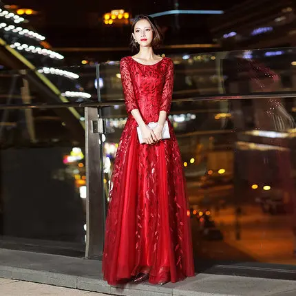 Красный Новое поступление длинное вечернее платье вечерние элегантные vestido de festa винтажное, с рукавами до локтя с аппликацией из кружева и тюля длинные платья - Цвет: Красный