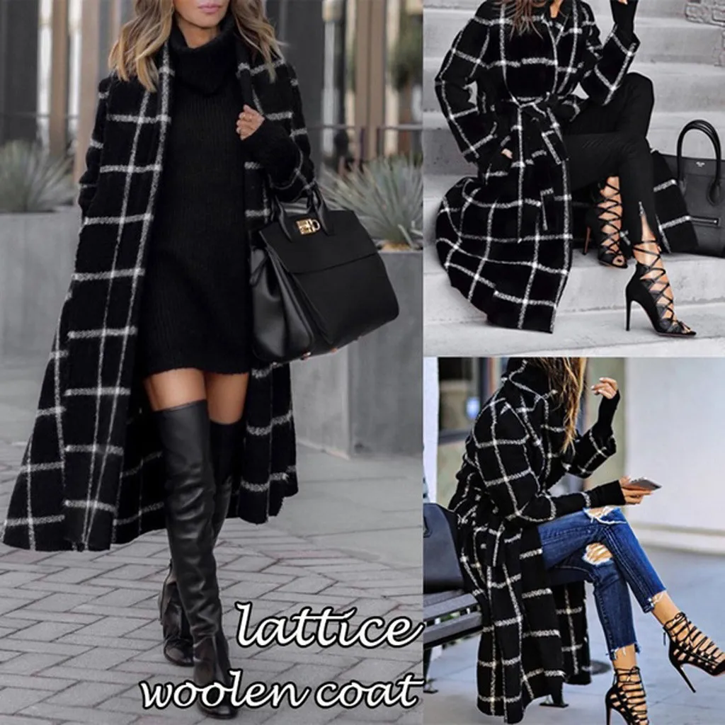Fashion Winter Coat Women Ladies Sashes Plaid Long Cardigan Camouflage Long Sleeve Coat Outerwear Wool Coat пальто женское Z4