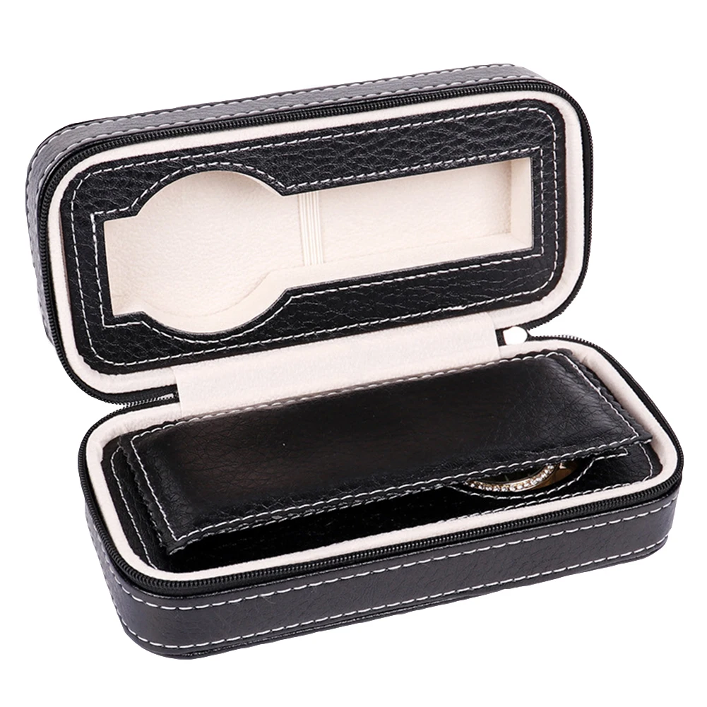 Black Faux Leather Watch Display Storage Box Watched Case 2/4/8 Grids Tray Zippered Travel Watch Collector Case