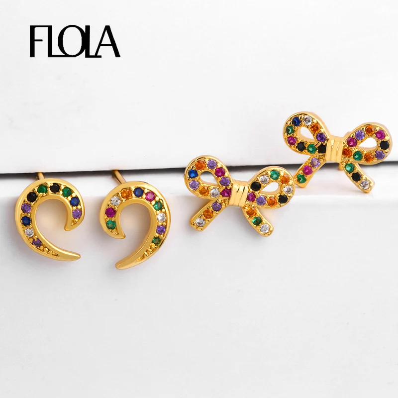 

FLOLA Zirconia Rainbow Gold Small Earrings Woman Cute Bow Tiny Ear Studs Rainbow Jewelry pendientes dorados pequenos ersr25