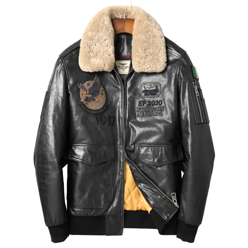 

2019 New Men Aviator Jackets Fur Collar Detachable Winter Warm Genuine Leather Coat Designer High Quality Flight Leather Coat