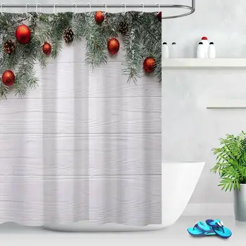 

Fabric Shower Curtain Set Wood Board Christmas Ball Pine Branch Bathroom Decor