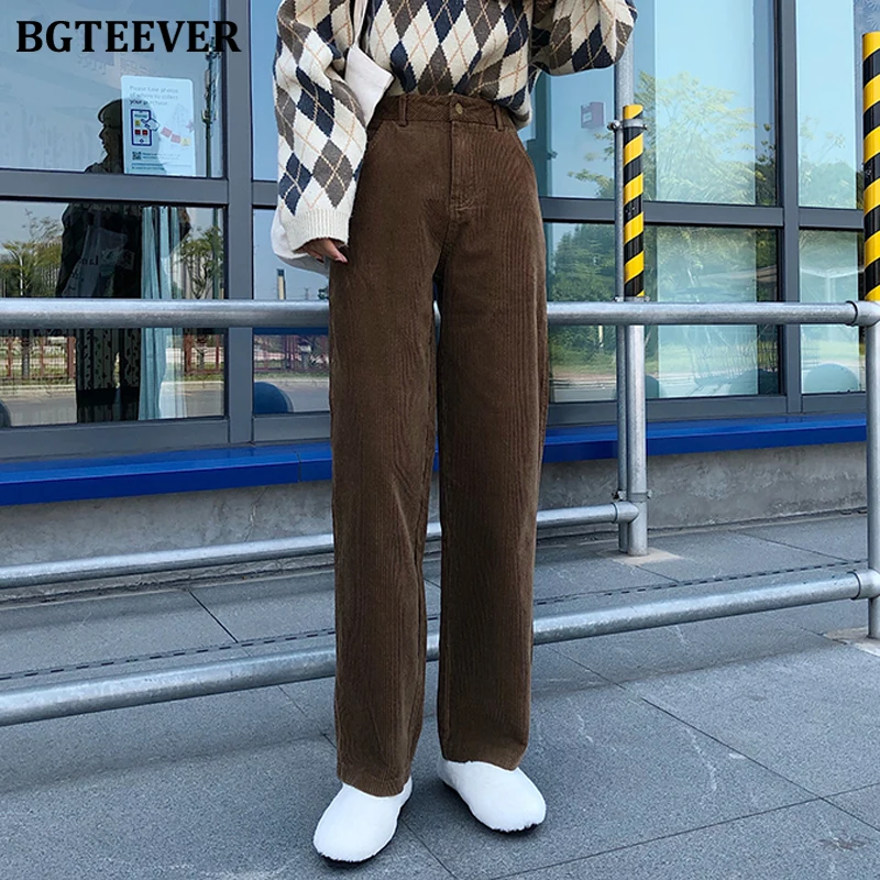 BGTEEVER Vintage High Waist Straight Pants Women Casual Winter Corduroy Pants Female Wide Leg Trousers Women pantalon femme