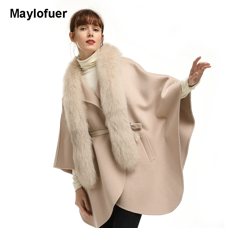 Maylofuer натуральный мех лисы воротник съемный, кашемировое пальто для женщин рукав летучая мышь негабаритных куртка женские пальто