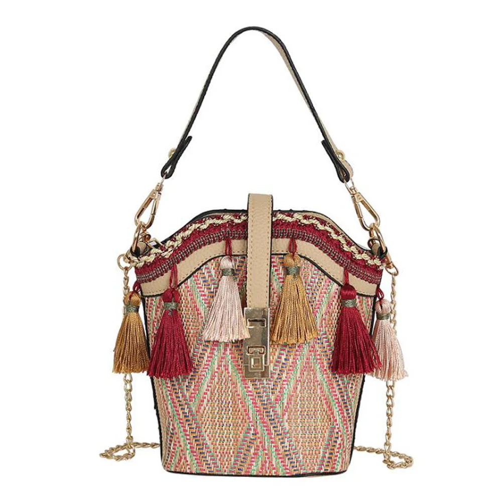 Ladies Shell Handbag Fringe Straw Beach Bag Women Fashion Summer