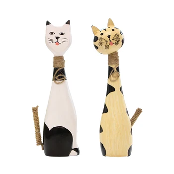 

2PCS/SET Wood Cute couples Cat Figurine Crafts Animal furnishing articles Home decoration
