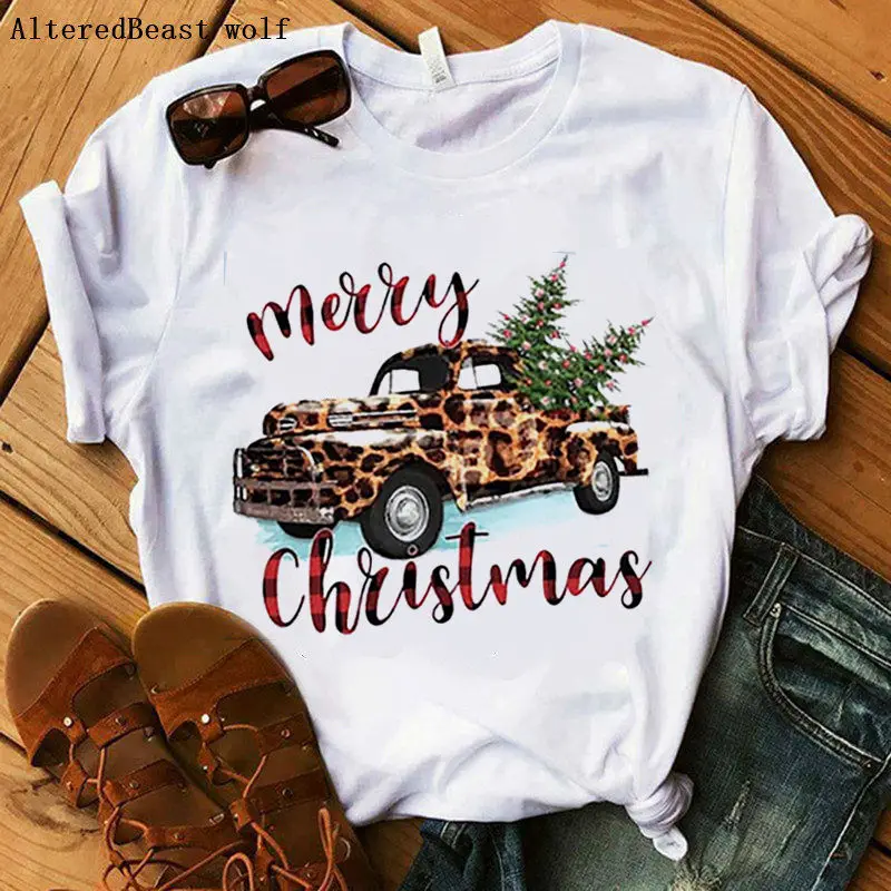 

Christmas Tree Leopard Printed Tops christmas T shirt truck leopard pattern white clothes cute t shirt Harajuku Vintage tshirt