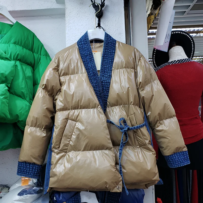 WHITNEY WANG Parkas Зимняя мода уличная джинсовая Лоскутная перекрестные пояса Женская парка с хлопковой подкладкой Толстое Зимнее пальто