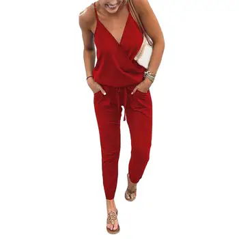 

Summer Sexy Women Solid Color V Neck Spaghetti Strap Jumpsuit Drawstring Romper